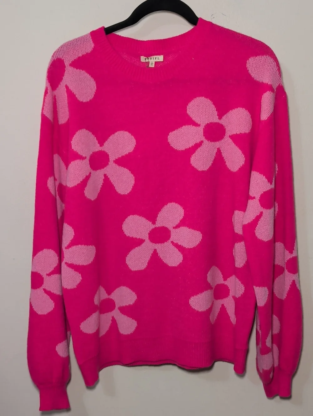 Jodifl Daisy Print Oversized Pullover Sweater Hot Pink + Bubblegum Womens Size L